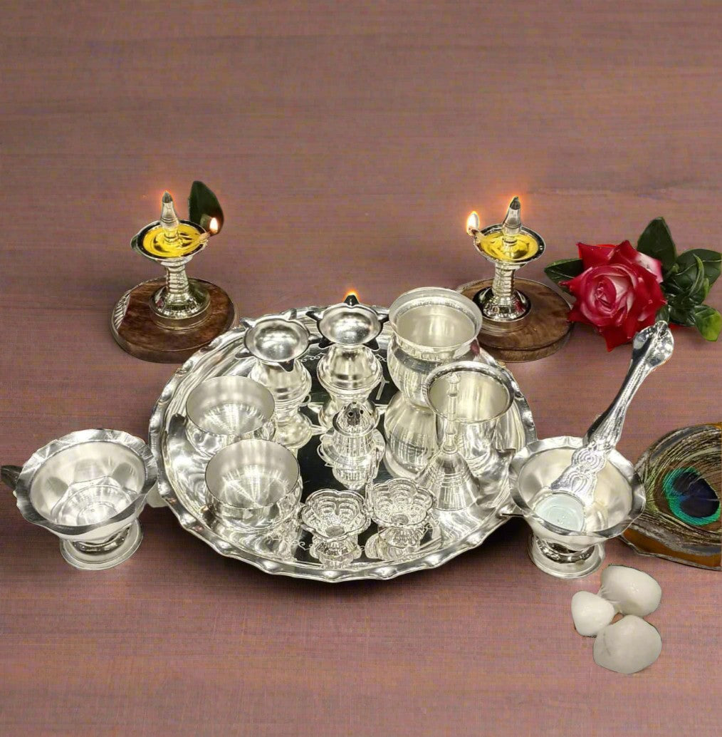silver plated pooja thali set of 14 pieces for diwali/ housewarming pooja